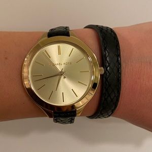 Michael Kors Black Leather Slim Runway Gold Tone Double Wrap Watch